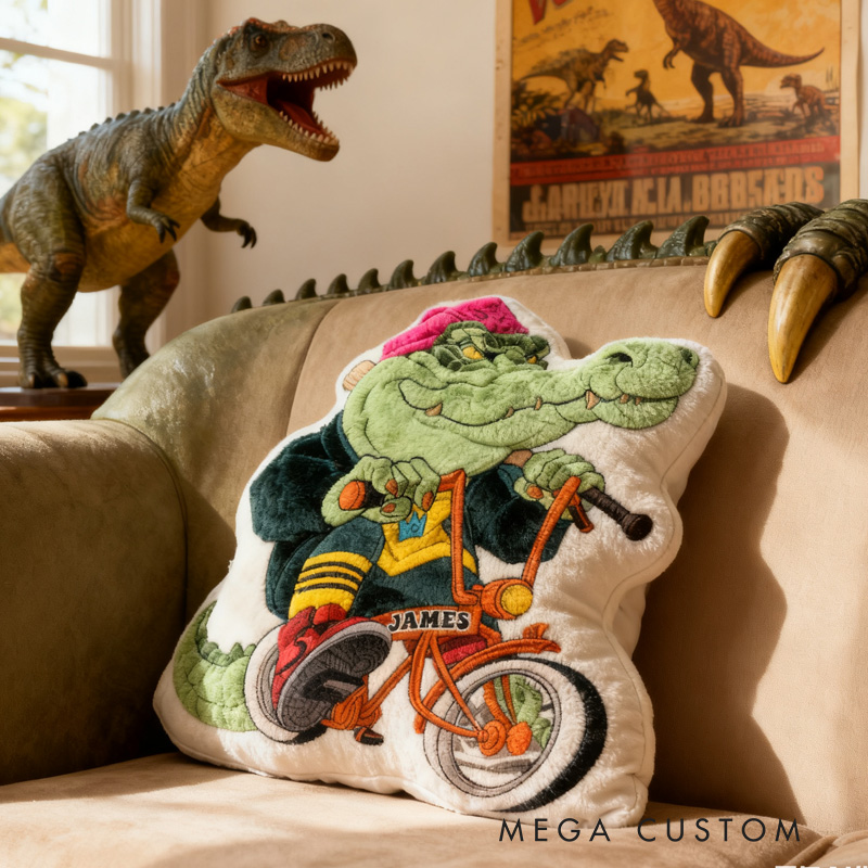 Personalized Crocodile Gang Rider Bike Pillow Cozy Graphic 3D Print Cool Biker Dino Racing Pillow Name Pillow Comfortable Travel Cushion for Kids Boys Riding Lovers