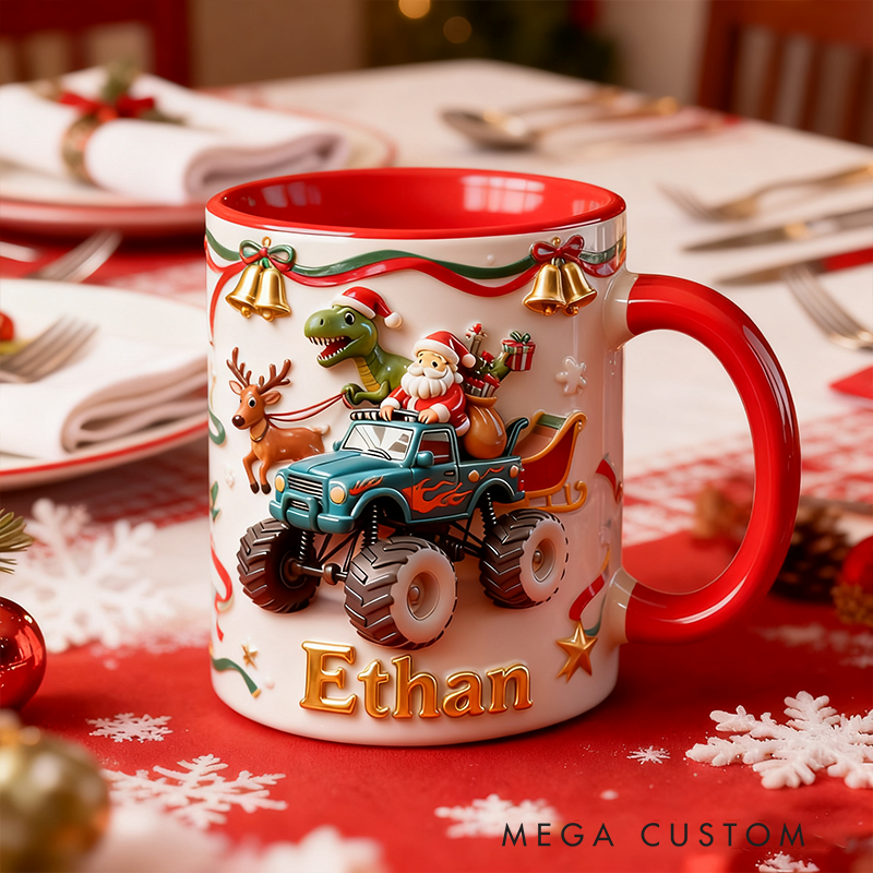 Personalized Christmas Santa Monster Truck 3D Effect Mug with Dinosaur Custom Name Holiday Coffee Cup Gift 