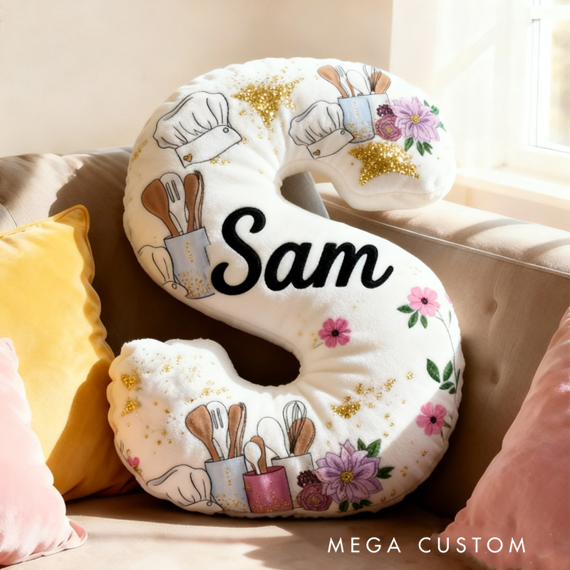 Personalized Baking Tool Alphabet Throw Pillow Chef Hat Letter Pillow with Name for Kids Girl Boy Baking Lover Christmas Gifts Loving Room Decor