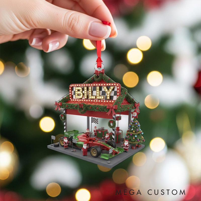 Personalized Racing Garage Christmas Ornament Custom Name Race Car Pit Stop Decoration Racing Fans Holiday Gifts