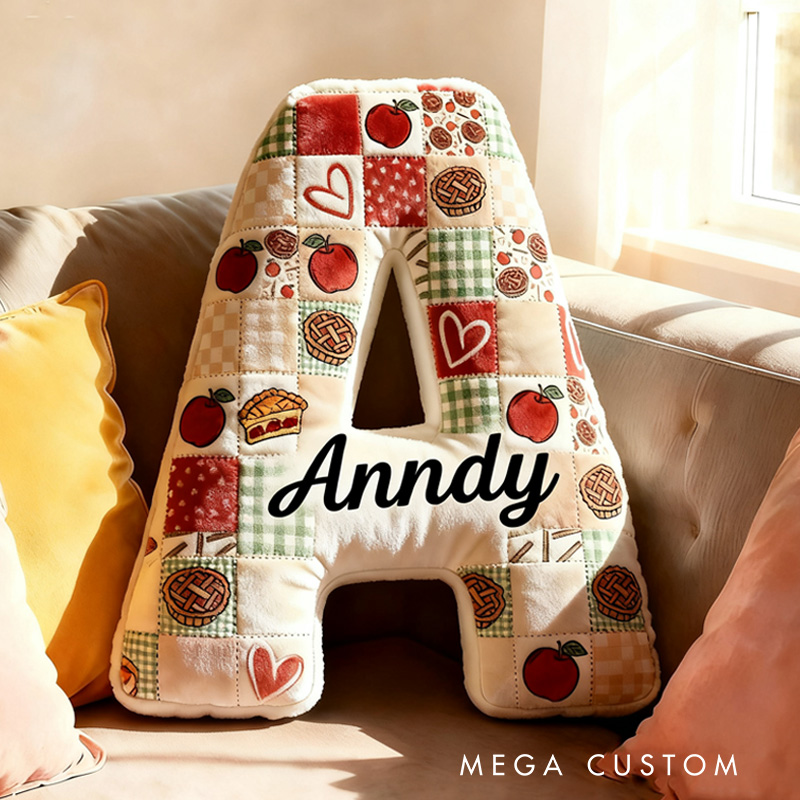 Personalized Apple Pie Patchwork Alphabet Throw Pillow Baking Lover Letter Pillow with Name for Kids Girl Boy Baker Christmas Gifts Loving Room Decor