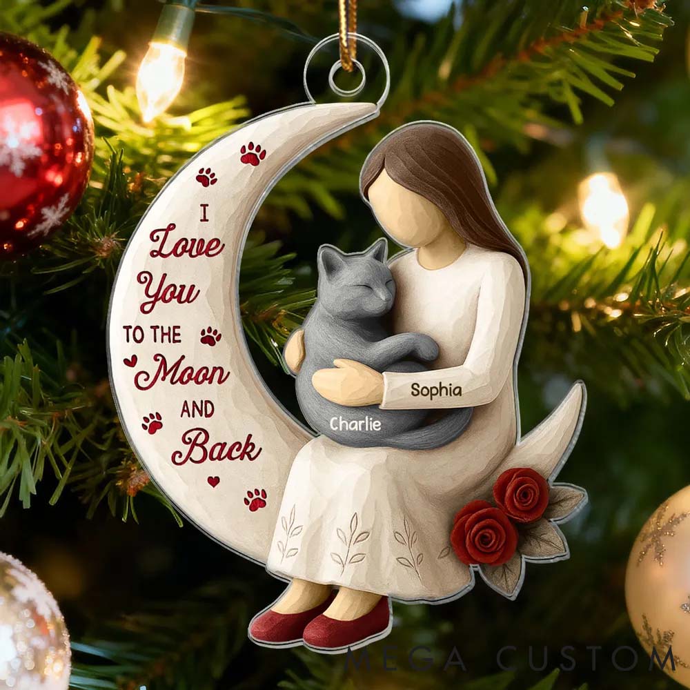 Personalized Cat Lover Roses Wooden Texture Cat Mom On Moon Ornament