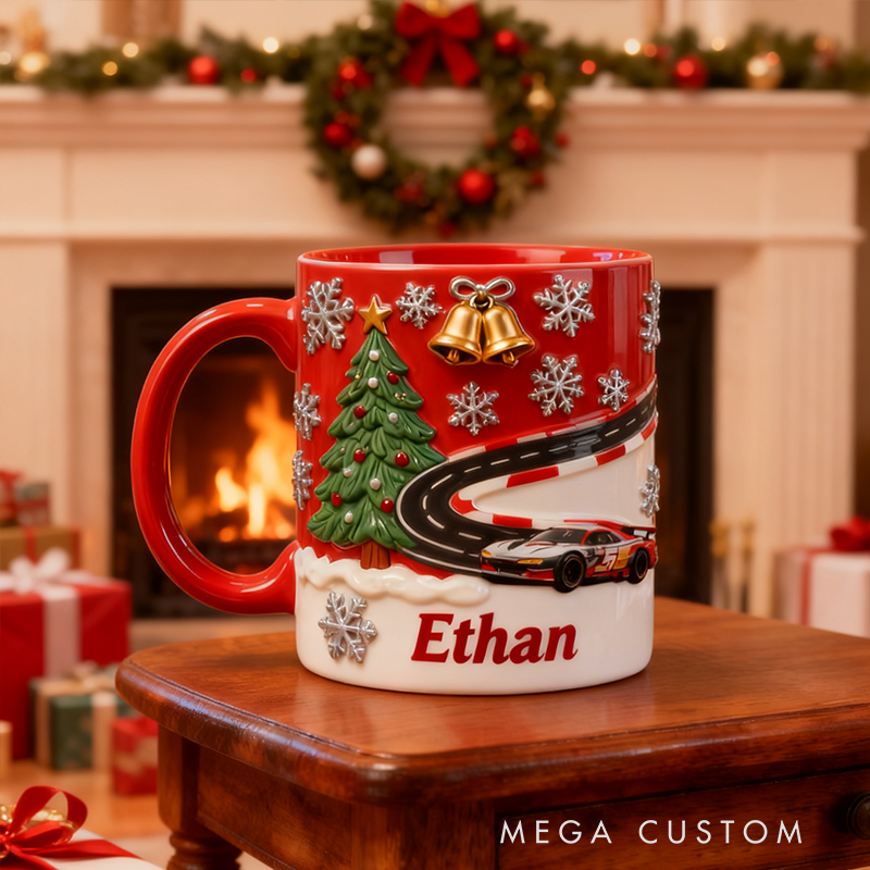 Personalized Christmas Race Car Mug Custom Name Holiday Ceramic Cup Gift for Car Lovers and Racing Fans