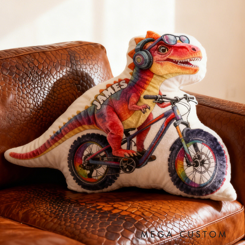 Personalized Dino Rider Bike Pillow Cozy Graphic 3D Print Cool Skull Racing Biker Dino Pillow Name Pillow Comfortable Travel Cushion for Kids Boys Riding Lovers
