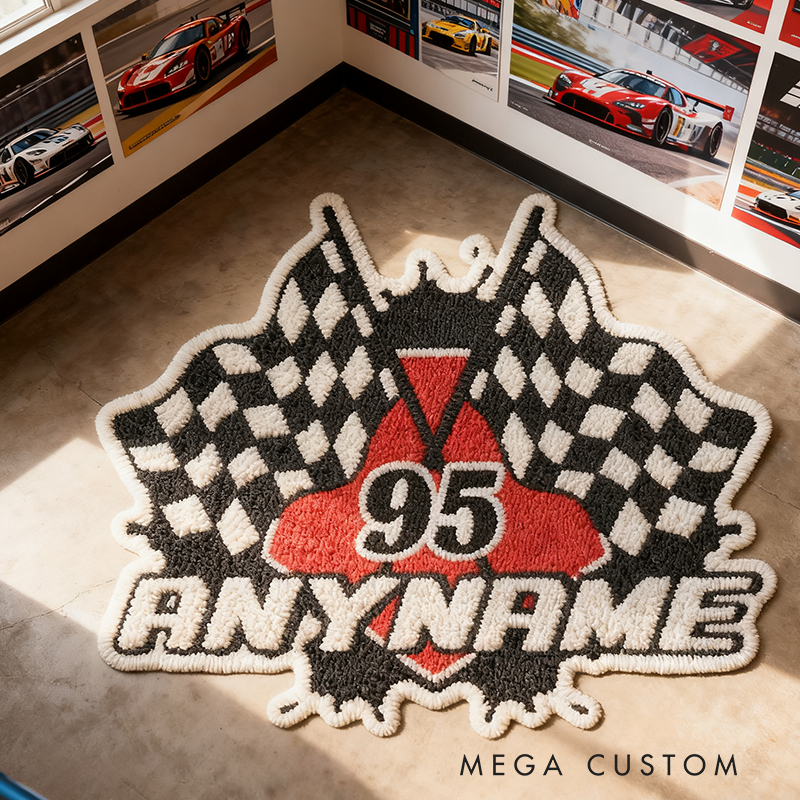 Personalized Racing Style Shaped Rug Custom Name and Number Car Lovers Room Race Flag Floor Mat