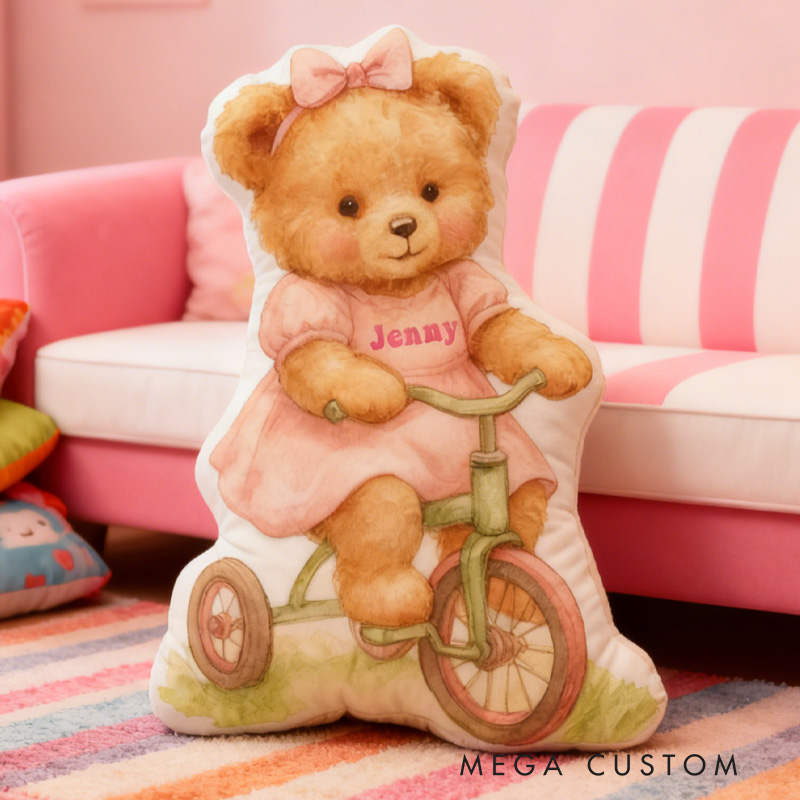 Personalized Bear Bike Pillow Cozy Graphic 3D Print Bow Pillow Name Pillow Comfortable Travel Cushion for Kids Riding Lovers