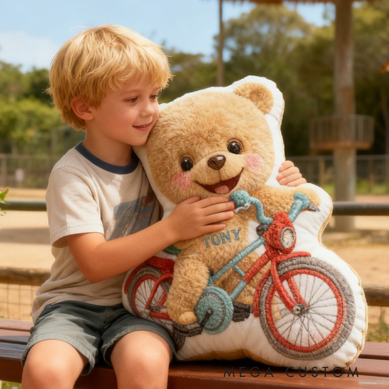Personalized Bear Bike Pillow Cozy Graphic 3D Print Bow Pillow Name Pillow Comfortable Travel Cushion for Kids Riding Lovers