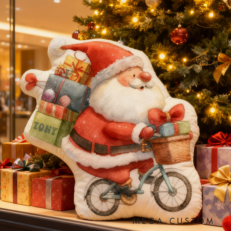 Personalized Xmas Gifts Bike Pillow Cozy Santa Chirstmas Graphic 3D Print Bow Pillow Name Pillow Comfortable Travel Cushion for Kids Riding Lovers