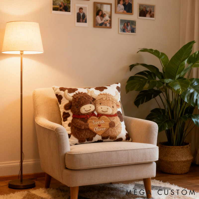 Personalized Couple Highland Cow Design Custom Names Newlyweds Couple Home Pillow Romantic Anniversaries Gift for Husband Wife Home