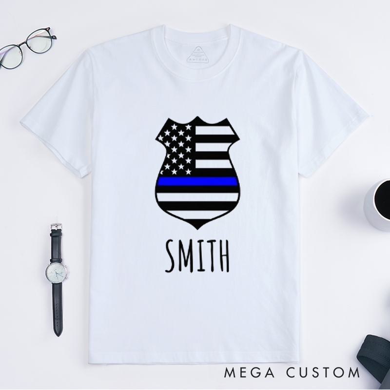 Personalized Police Thin Blue Line Badge Design Gift for Police Officer T-Shirt