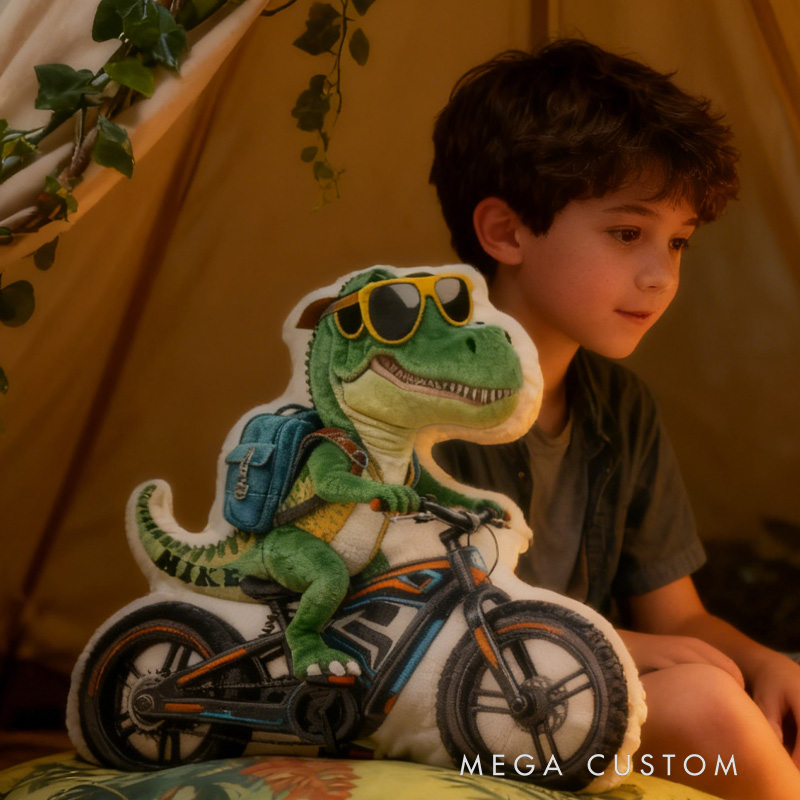 Personalized Dino Rider Bike Pillow Cozy Graphic 3D Print Cool Racing Biker Dino Pillow Name Pillow Comfortable Travel Cushion for Kids Boys Riding Lovers