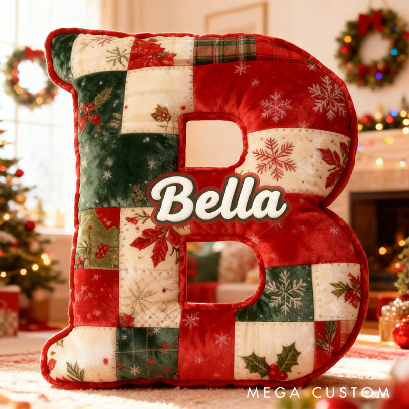 Personalized Girl friend Christmas Patchwork Graphic 3D Printed Pillow Custom Flower Girl Name Christmas Cushion Christmas Gift for Him Her Couple