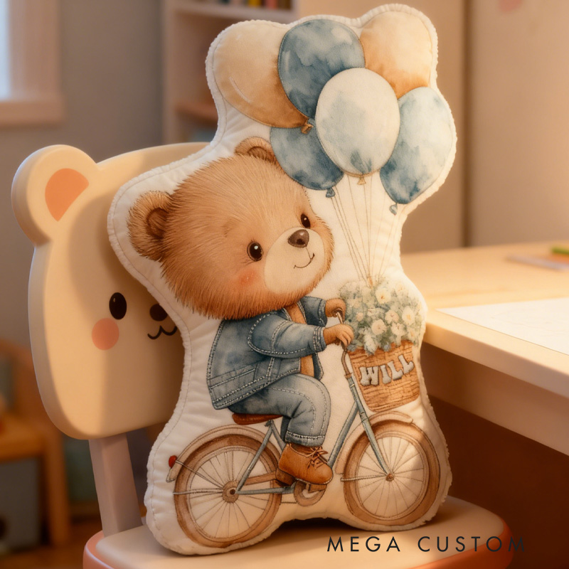Personalized Teddy Riding Pillow Cozy Lovely Graphic 3D Print Bicycle Throw Pillow Name Pillow Comfortable Balloon Travel Cushion for Kids Girls Riding Lovers