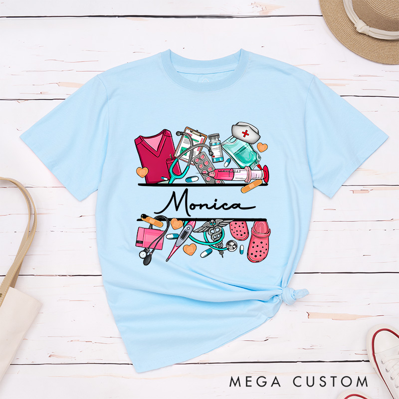 Personalized Nurse T-Shirts Nurse's Essentials Tools of Care Fashion Design T-Shirts
