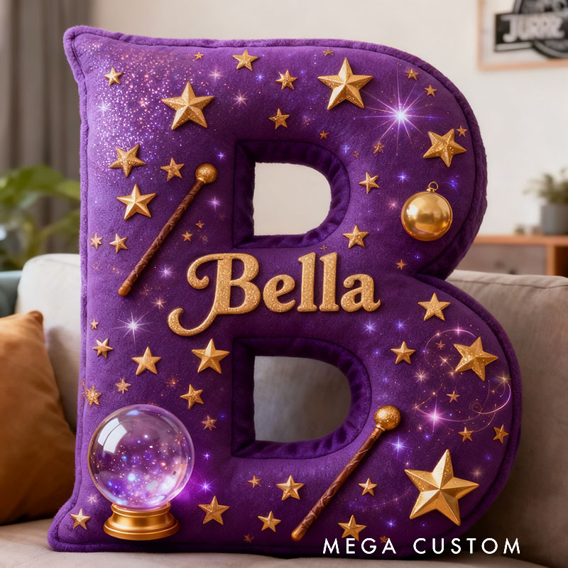 Personalized Magic Letter Pillow Decorated with Magic Ball Magic Wand Stars Graphic 3D Print Pillow for Kids and Magic Lovers