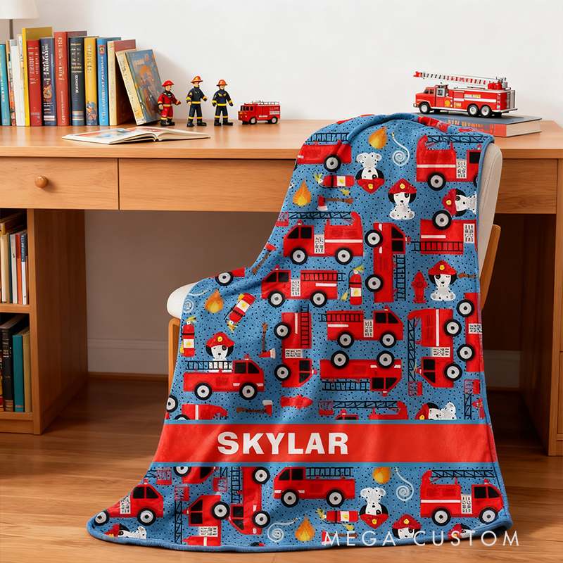 Personalized Firefighter Blanket Custom Name Fire Truck Themed Plush Throw Blanket Gifts