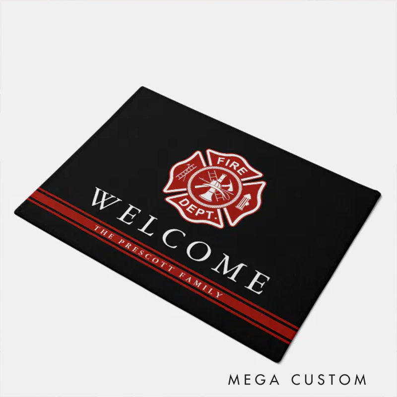 Personalized Firefighter Doormat Custom Family Name Fire Dept Welcome Mat Front Door Rug Gift for Firefighter Families