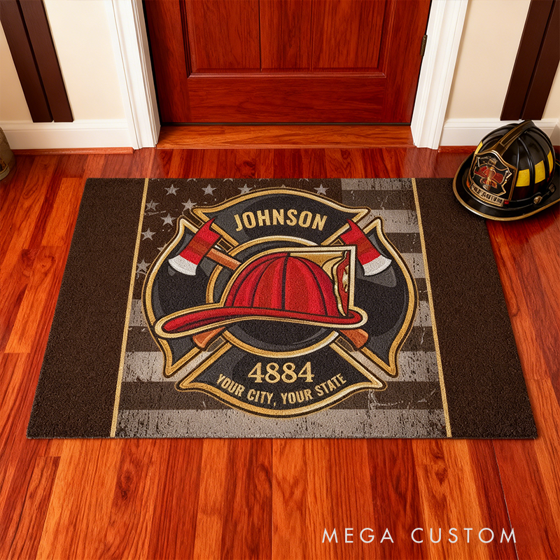 Personalized Firefighter Doormat Custom Name, Number & Text USA Flag Fire Dept Entry Rug Gift for Fireman Families