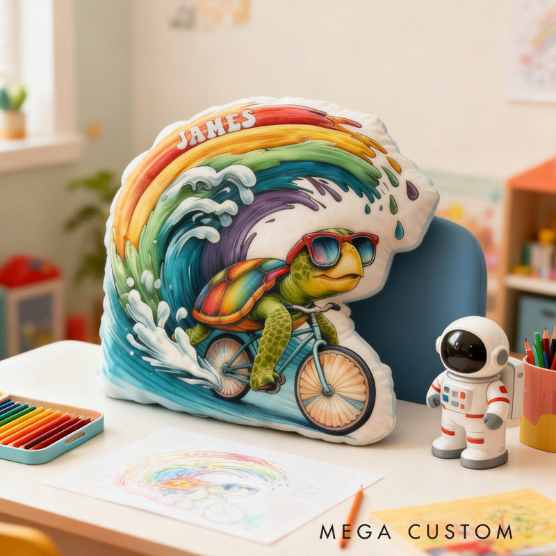 Personalized Sea ​​Turtle Rider Bike Pillow Cozy Graphic 3D Print Cool Racing Biker Rainbow Ocean Pillow Name Pillow Comfortable Travel Cushion for Kids Boys Riding Lovers