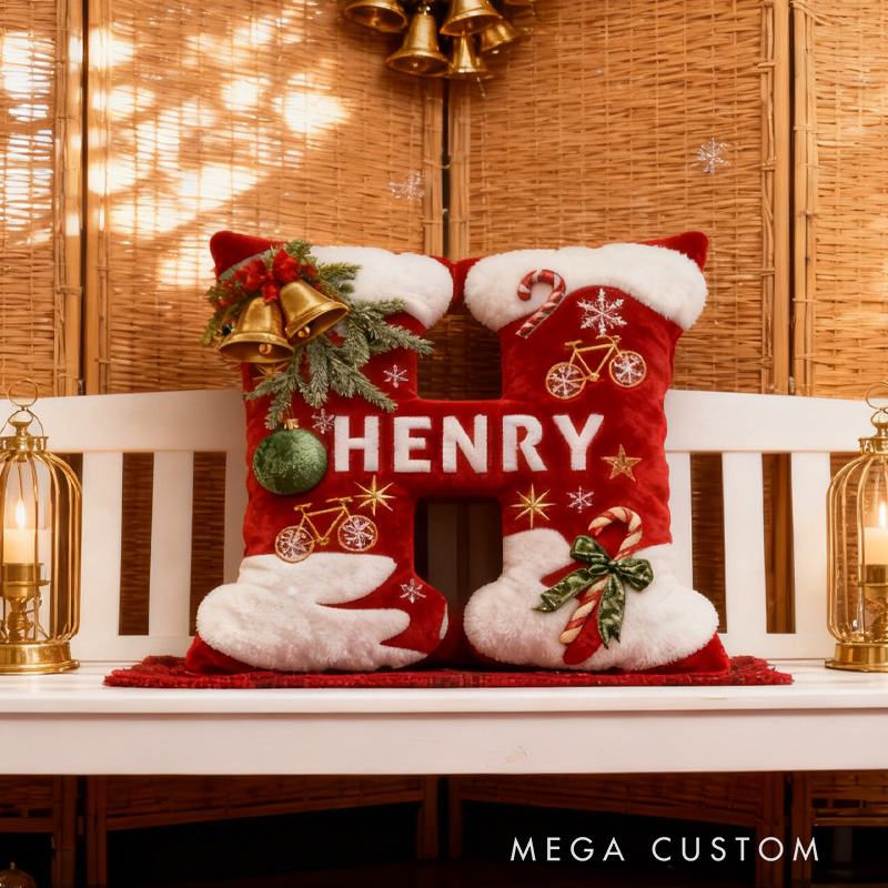 Personalized Red Christmas Letter Pillow Custom Name Festive Decor with Bicycle Snowflake Christmas Gifts for Family Graphic 3D Print Cycling Riding Lovers