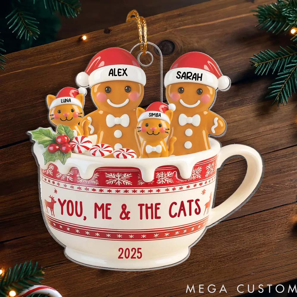 Personalized Pet Lover Gingerbread Couple and Pet in Hot Cocoa Christmas Ornament