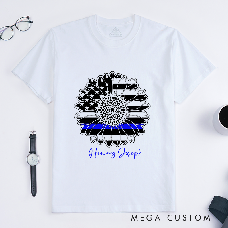 Personalized Police Thin Blue Line Flower Design Gift for Police Officer T-Shirt