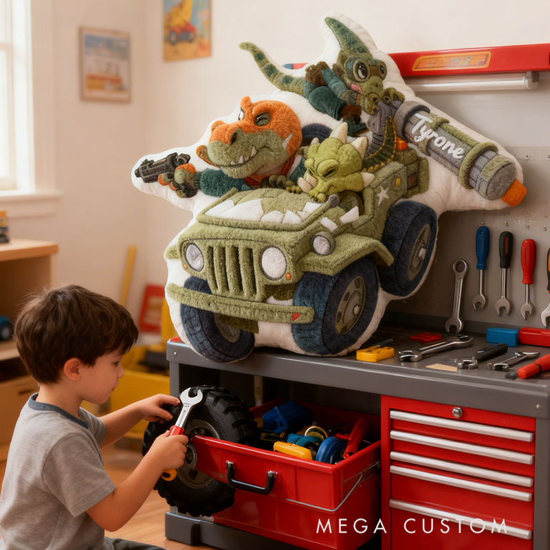 Personalized Jeep Dinosaur Pillow with Custom Name Kids Room Decor Gift for Boys Christmas Gift 3D Print