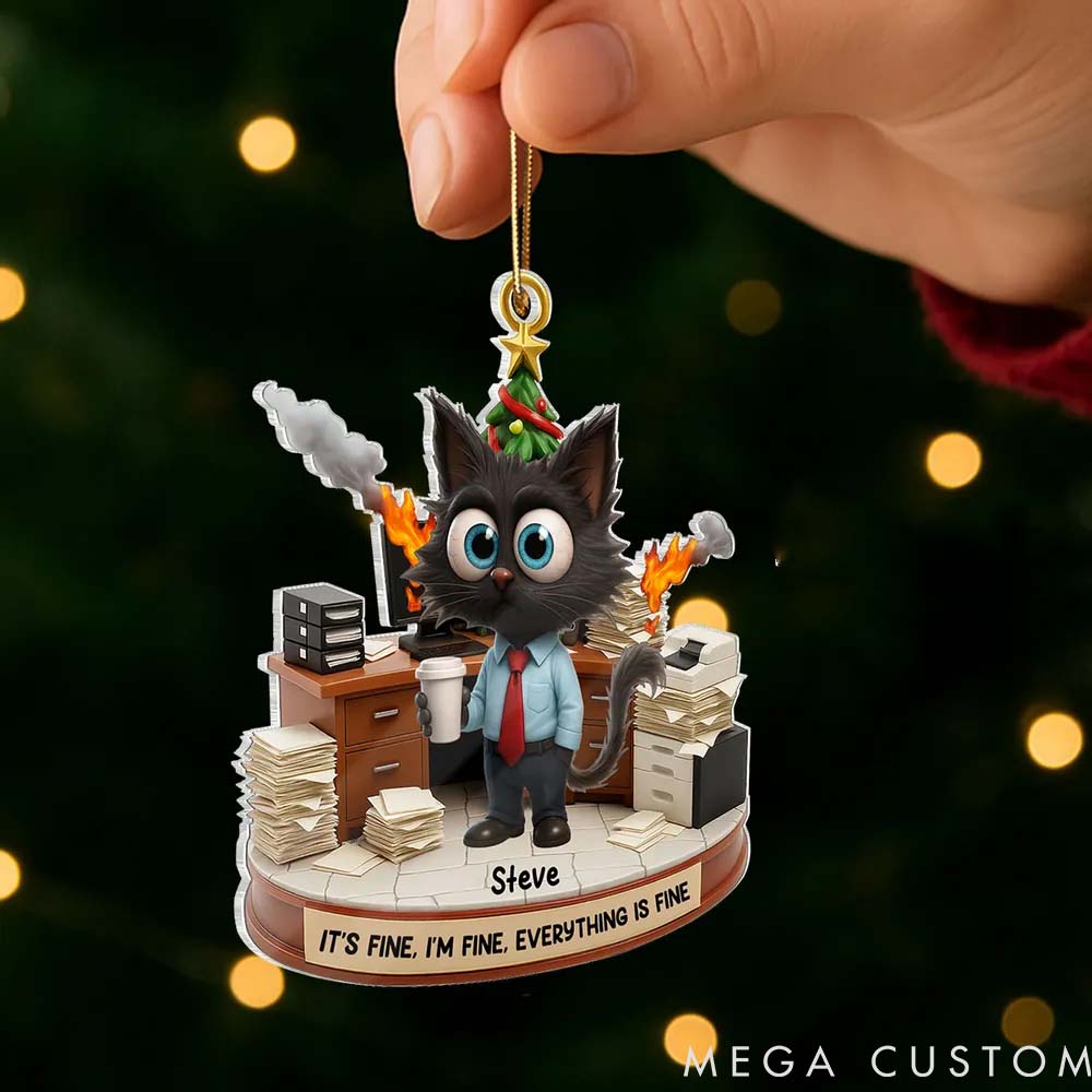Personalized Cat Lover Office Chaos It is Fine We are Fine Funny Cat Christmas Ornament