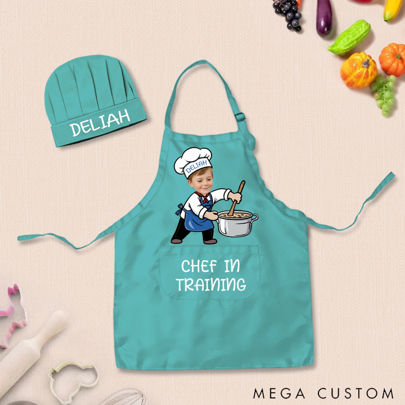 Personalized Fun Cooking Positions Adjustable Kid Apron Chef Hat Set with Pocket and Name for Cooking Baking Birthday Holiday Gift for Kids