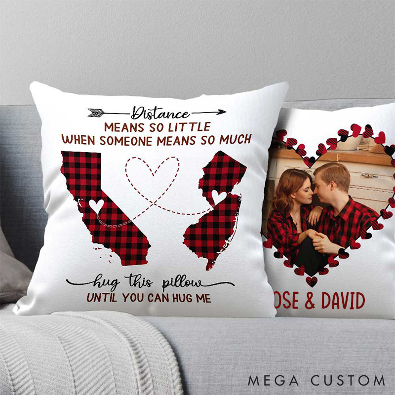 Personalized Long Distance Gift Pillow for Girlfriend Boyfriend Custom State and Photo Pillow Valentines Day Long Distance Gift