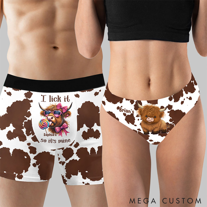 Personalized Highland Cow Women Briefs & Men Boxer Cute Highland Cows Boxers for Couple Custom Wife Husband Christmas Underwear