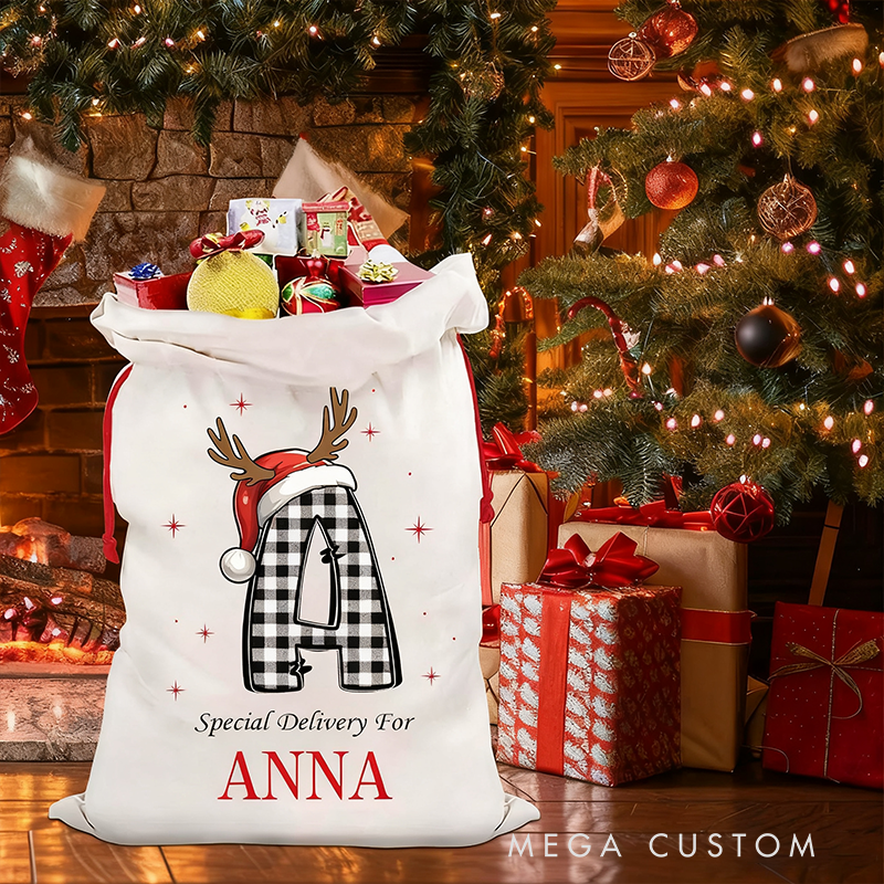 Personalized Checkered Flag Christmas Gift Bag Custom Name Santa Sack Holiday Decoration for Racers and Racing Lovers