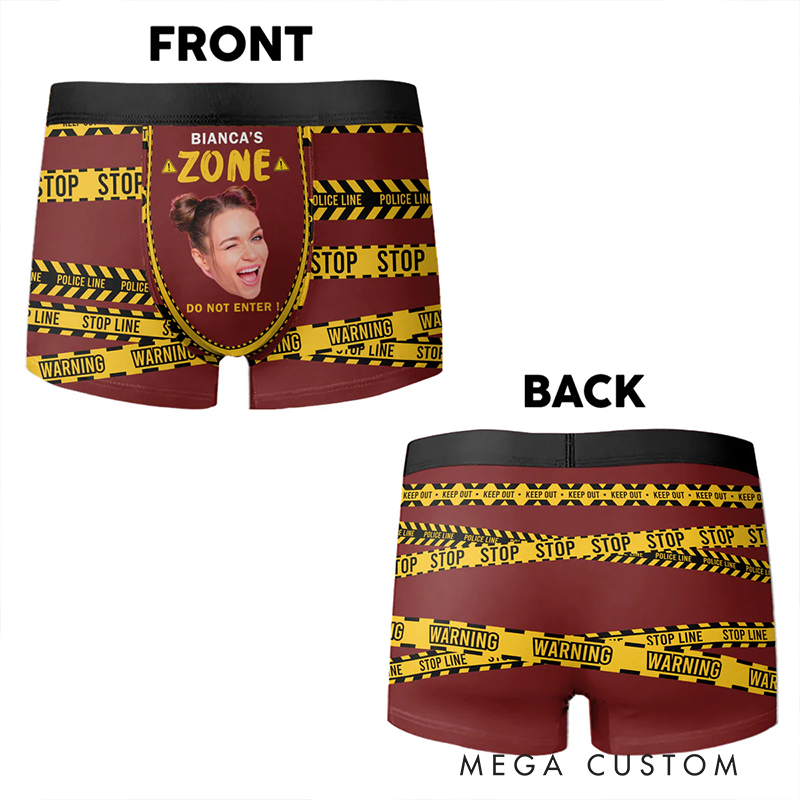 Personalized Funny Face Photo My Zone Police Line Design Men's Boxer Briefs Gift for Boyfriend and Husband