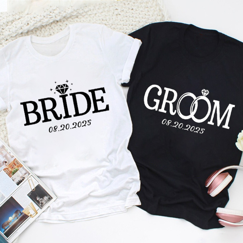 Personalized Elegant Bride and Groom with Rings Matching Wedding Couple Classic T-Shirt