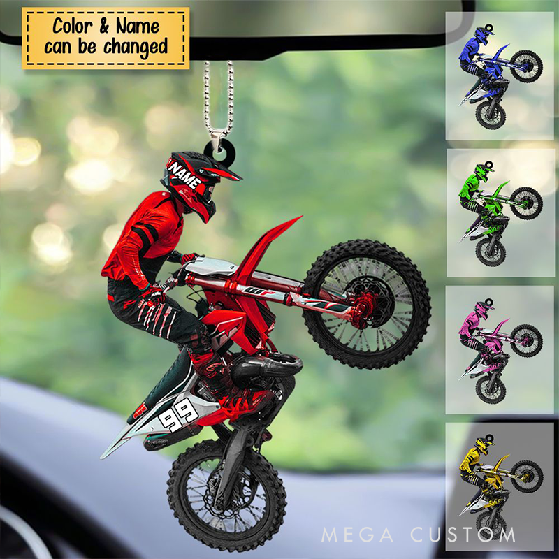 Personalized Motocross Biker Shaped Flat Acrylic Car Ornament Custom Name and Color Gift for Motorcycle Lovers