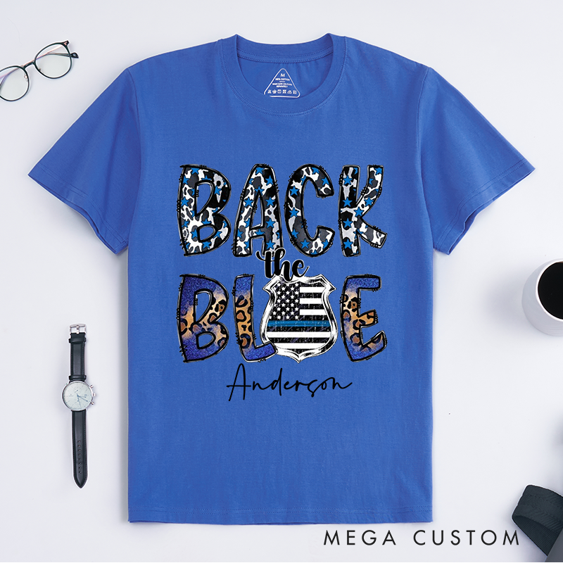 Personalized Police Leopard Print Back the Blue Design Gift for Police Officer T-Shirt