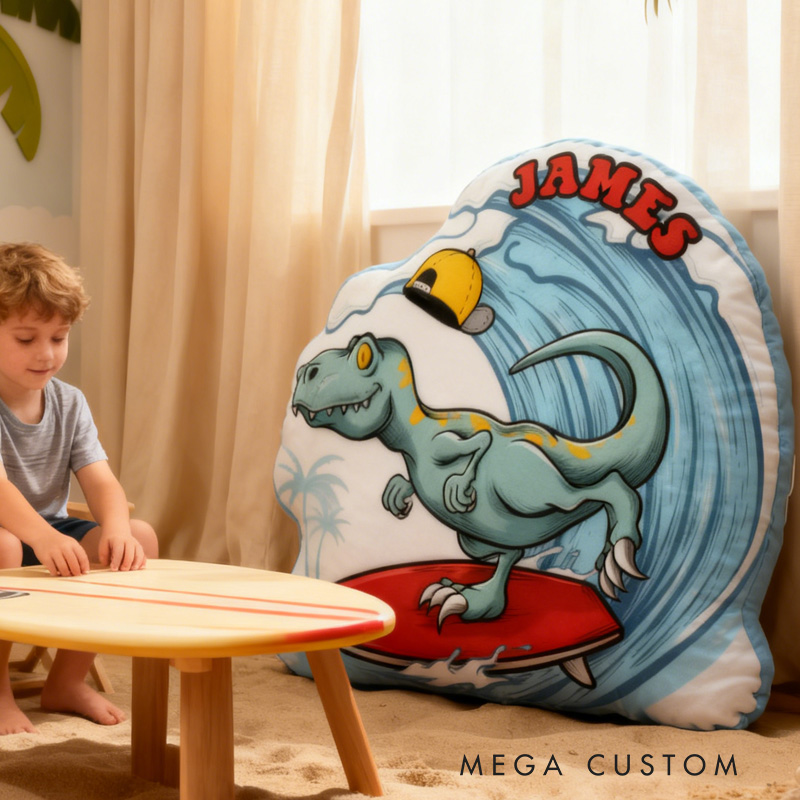 Personalized Suring Dino Pillow Rainbow Throw Pillow Graphic 3D Print Surfing Skateboarding Fitness Decoration Pillow Exercise Sport Pillow for Kids Surfing Skateboarding Lovers