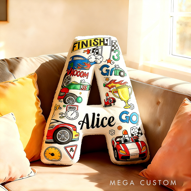 Personalized Racing Letter Pillow with Custom Name Stacked Car Elements Initial Cushion for Car Lovers