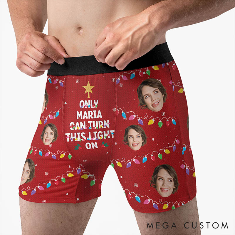 Personalized Girlfriend Wife Face Boxer Briefs Men Christmas Underwear with Face Photo Only Her Can Turn This Light On Xmas Gift for Boyfriend Husband