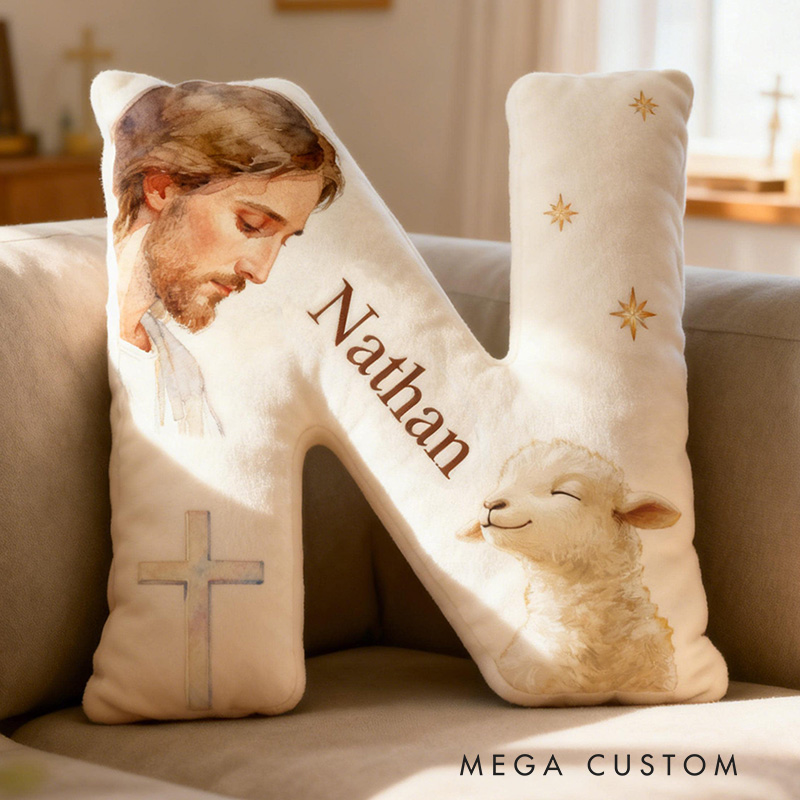Personalized Jesus Lamb Letter Pillow with Custom Name Religious Home Decor Graphic 3D Print Pillow Christian Gift Faith Gift 