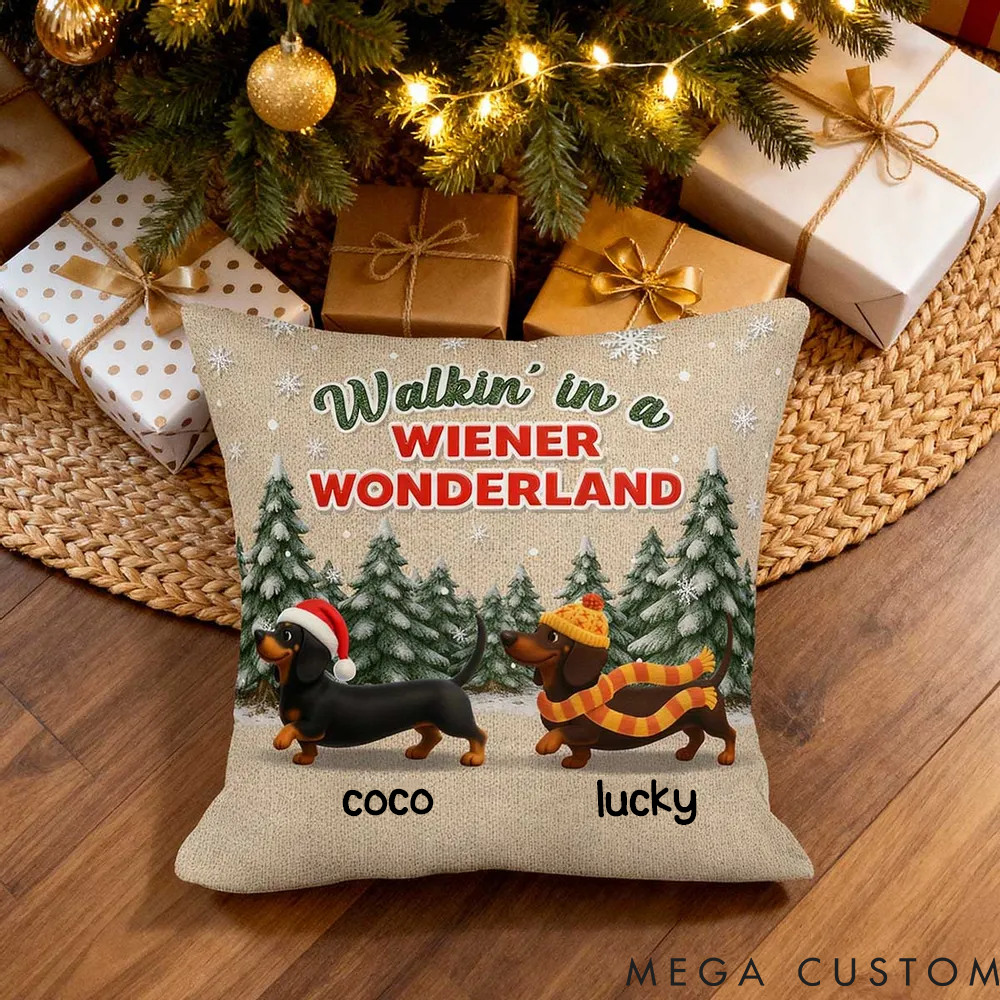 Personalized Dog Lover Christmas Dachshunds Walking in a Wiener Wonderland Throw Pillows