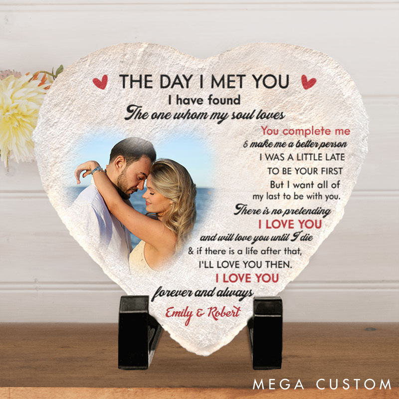 Personalized Couple Photo The Day I Met You Heart and Square Shaped Stone with Stand First Christmas Gift for Boyfriend Girlfriend Valentines Day Gift