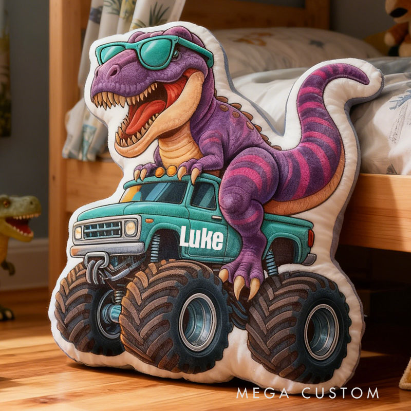 Personalized Dinosaur Monster Truck Name Custom Soft Decorative Gift Cool Adventure Style Fun Playful Cozy Boy Room Exciting Power Wheels Jurassic Fun Graphic 3D Print Pillow