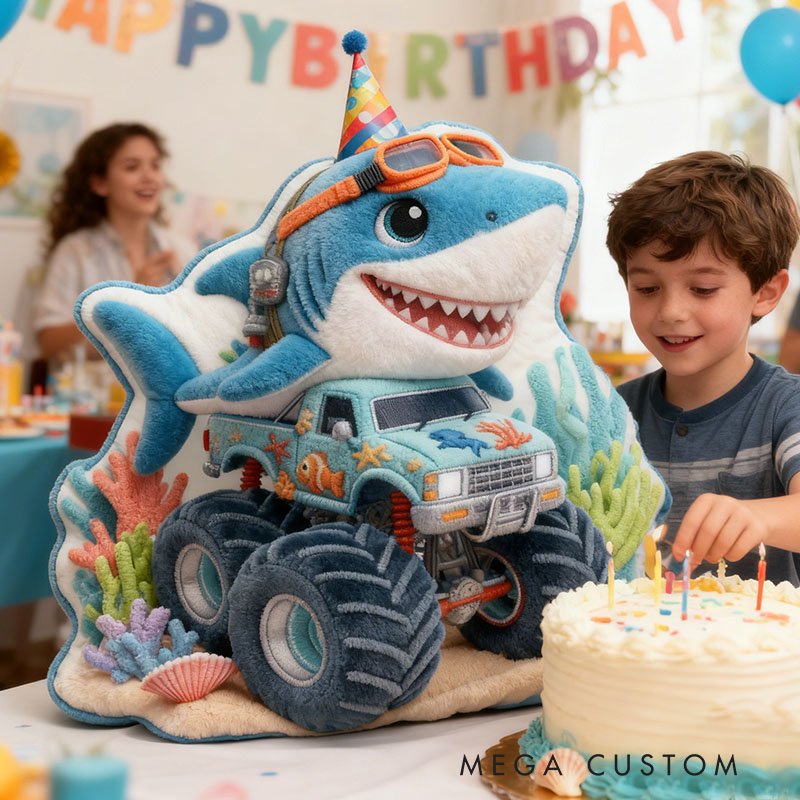 Personalized Shark Monster Truck Name Custom Soft Decorative Gift Ocean Adventure Style Fun Playful Cozy Boy Room Exciting Power Wheels Deep Sea Graphic 3D Print Pillow
