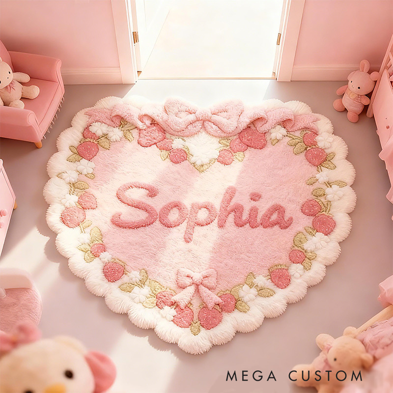 Personalized Heart Name Custom Soft Decorative Gift Pink Strawberry Style Cute Cozy Bedroom Lovely Bow Sweet Princess Room Comfort Floor Mat Carpet Rug for Kids