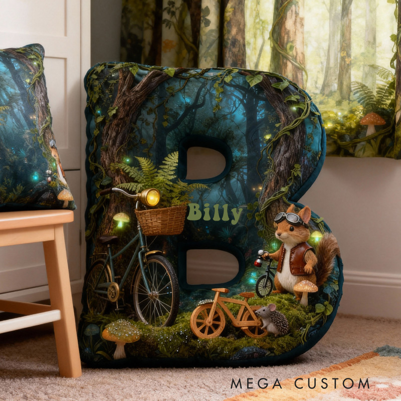 Personalized Forest Squirrel Bicycle Adventure Letter Pillow Custom Name Festive Decor with Bicycle Adventure Gifts for Family Graphic 3D Print Cycling Riding Lovers