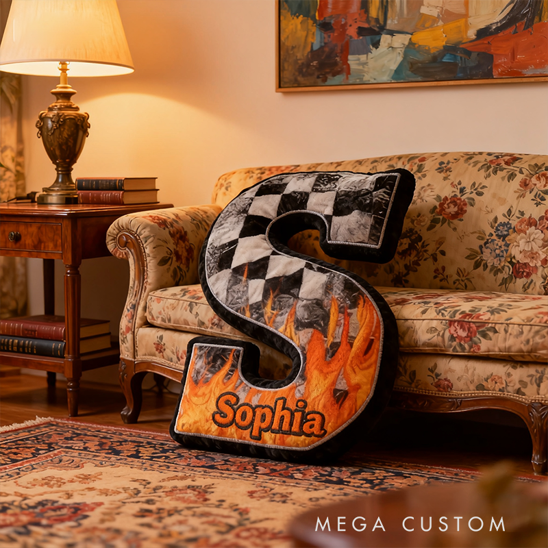 Personalized Racing Flame Letter Pillow Custom Name Initial Cushion Checkered Flag and Fire Design Decorative Gift