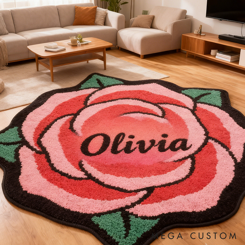 Personalized Rose Flower Shaped Door Mat with Name Anniversary Gift For Her Home Decor Birthday Gift For Girlfriend Holiday Decoration