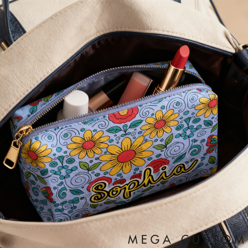 Personalized Multicolored Bright Sunflower Toiletry Bag Custom Name for Kids Travel Gifts and Daily Use