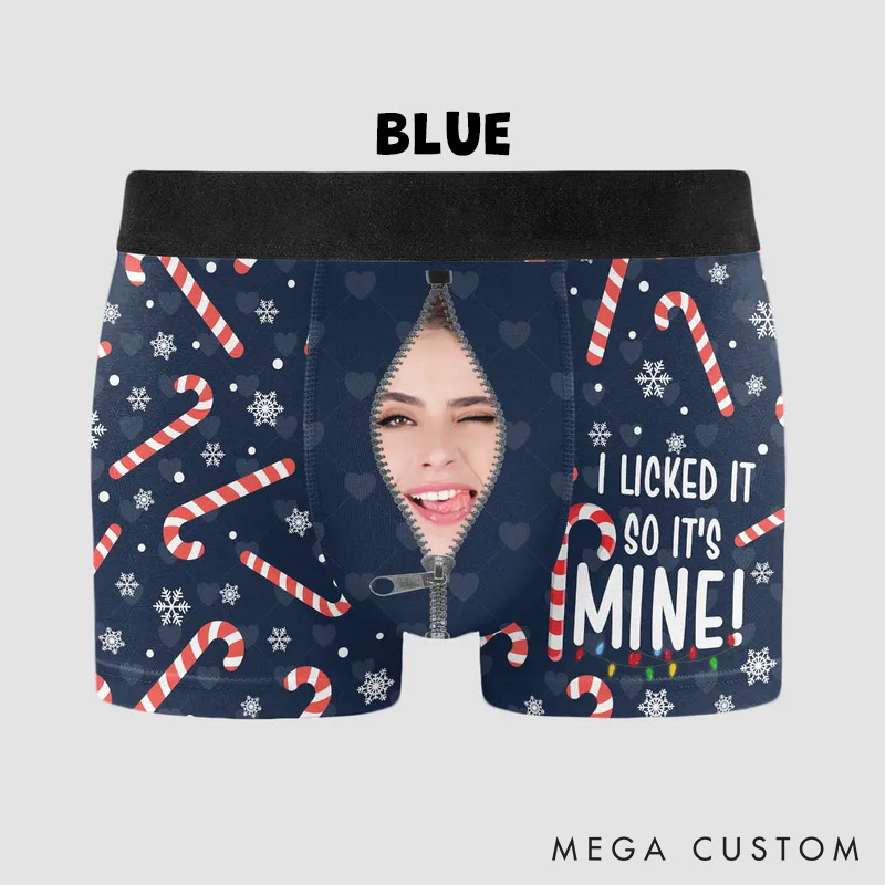 Personalized Girlfriend Wife Face I Licked It So It's Mine Christmas Boxer Briefs Men Underwear with Face Photo Xmas Gift for Him Boyfriend Husband